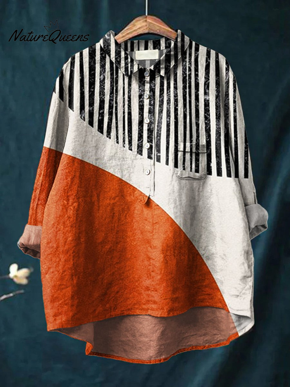 Women's Abstract Stripe Geometry Print Casual Cotton And Linen Shirt