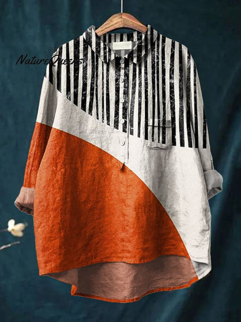 Women's Abstract Stripe Geometry Print Casual Cotton And Linen Shirt