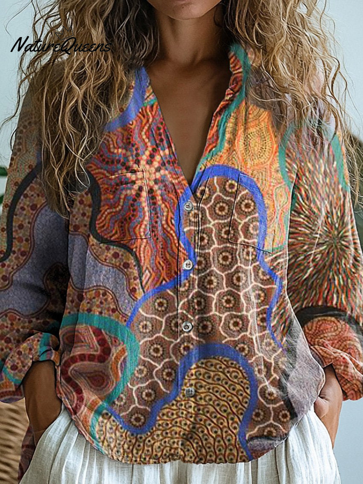 Ethnic Style Tribal Pattern Printed Women's Casual Long Sleeve Comfortable Cotton Shirt