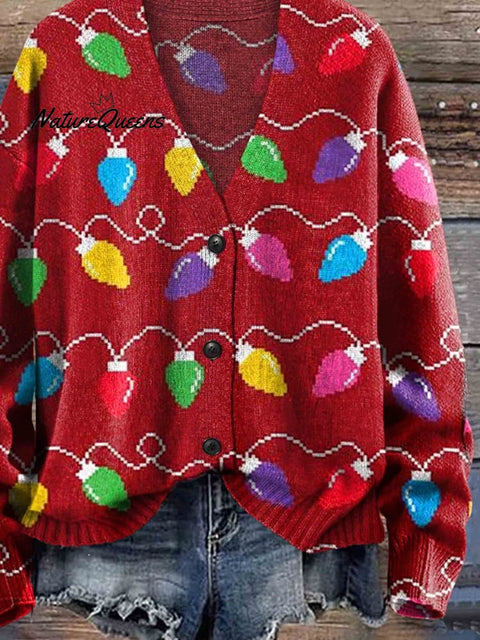 Christmas Lights Print Buttoned Cardigan Sweater