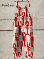 Red Lobster Decorative Pattern Casual 100% Cotton Wide Leg Jumpsuit