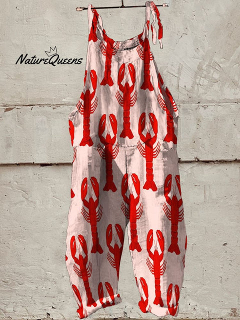 Red Lobster Decorative Pattern Casual 100% Cotton Wide Leg Jumpsuit