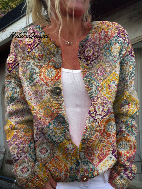 Retro Abstract Art  Print Casual Buttoned Cardigan Sweater