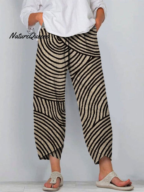 Women's Hand Drawn Round Line Printed Cotton And Linen Casual Pants