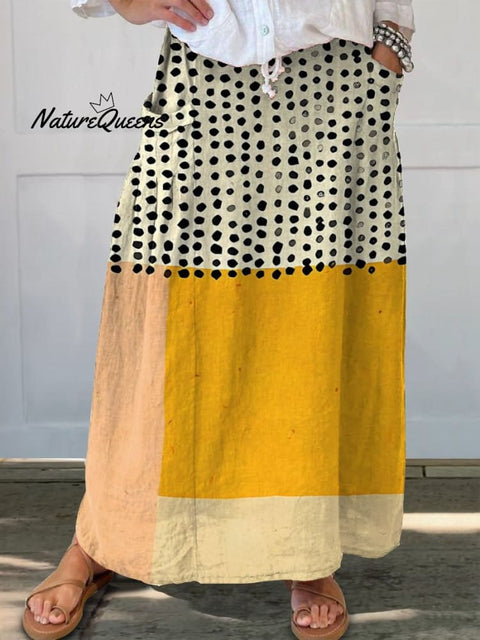 Women's Yellow Color-blocked Dots Print Casual Cotton And Linen V-neck Shirt