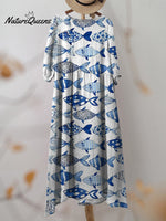 Watercolor Sea Fish Pattern Printed Women's Pocket Cotton Dress