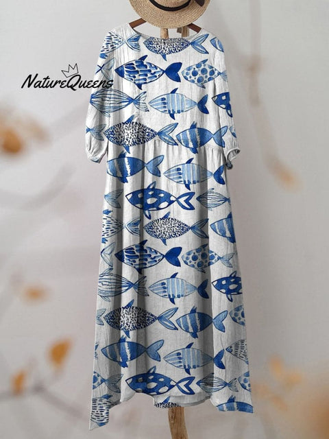 Watercolor Sea Fish Pattern Printed Women's Pocket Cotton Dress