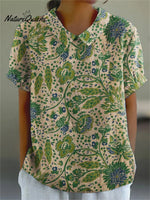 Women’s Flower Art Print Casual Cotton And Linen Shirt Multicolor / S