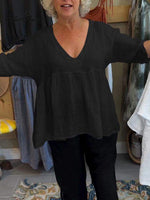 Women's Loose 3/4 Sleeve V-Neck Cotton and Linen Solid Color Shirt