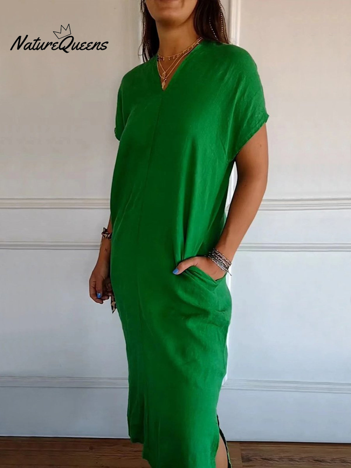 Women’s Cotton And Linen V - Neck Short Sleeve Slit Dress Green / S