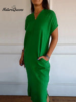 Women’s Cotton And Linen V - Neck Short Sleeve Slit Dress Green / S