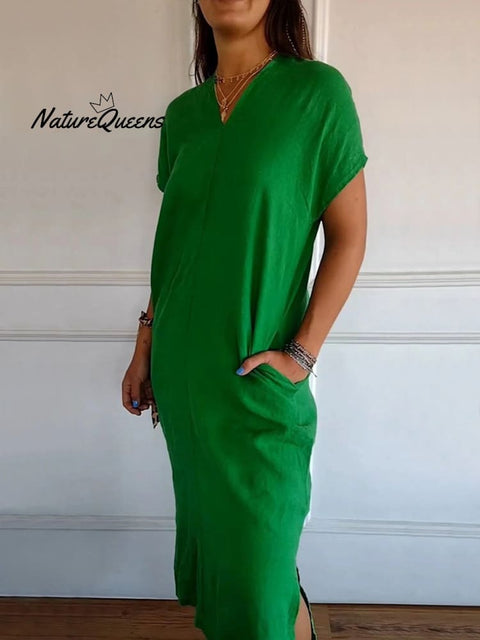 Women’s Cotton And Linen V - Neck Short Sleeve Slit Dress Green / S