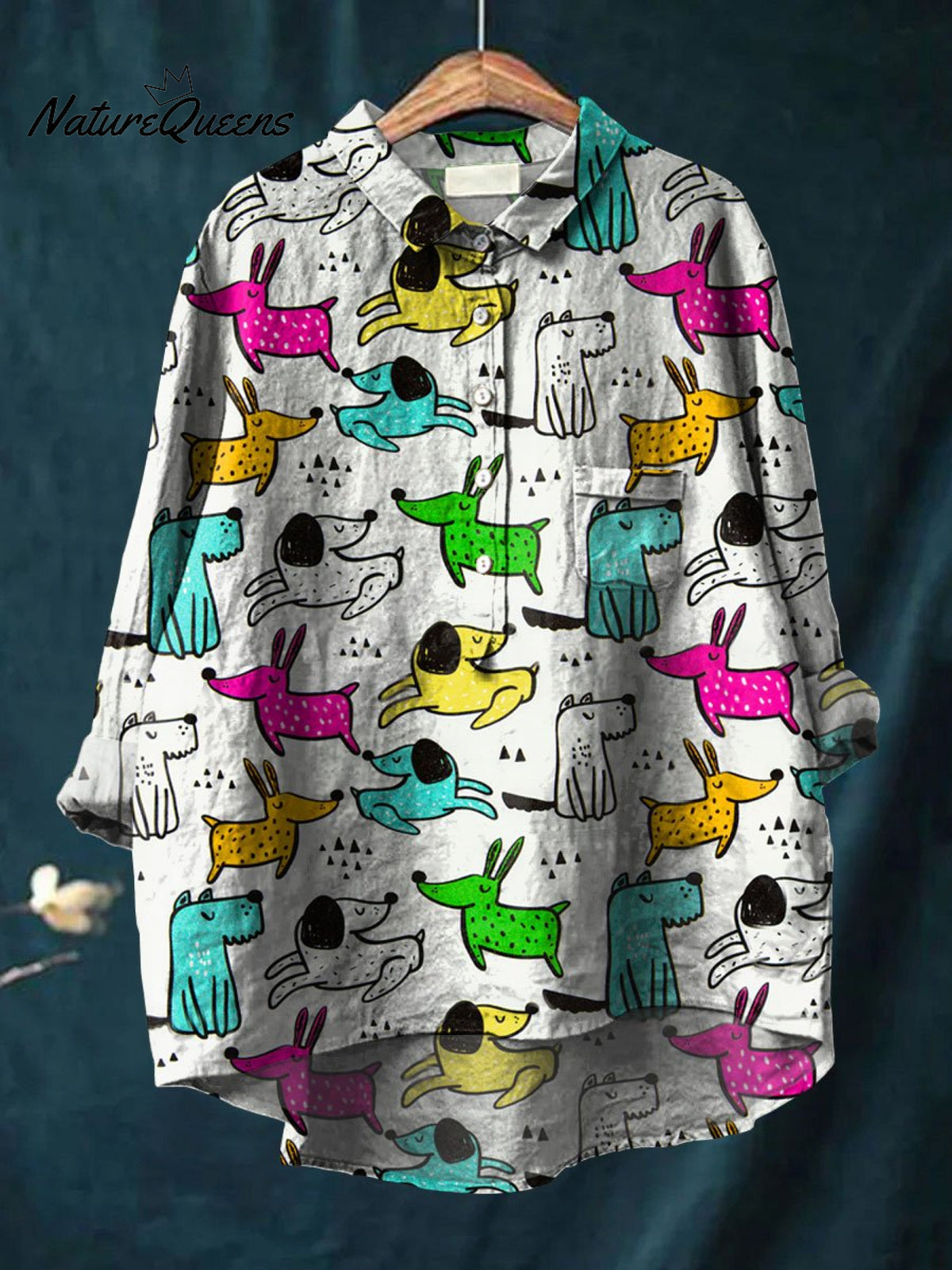 Women's Dog Art Print Casual Cotton And Linen Shirt