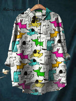 Women's Dog Art Print Casual Cotton And Linen Shirt