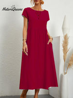 Women’s Solid Color Cotton Linen Round Neck A - Line Dress Red / S