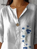 Simple Blue Spring Floral Printed Women's Casual Cotton Linen Shirt