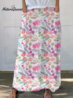 Watercolor Spring Garden Floral Repeat Pattern Printed Women’s Linen Pocket Skirt