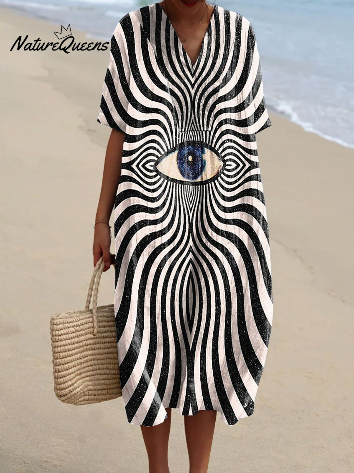 Women's Vintage Abstract Eye Line Art Print Flowy Dress