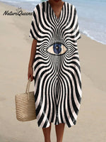 Women's Vintage Abstract Eye Line Art Print Flowy Dress