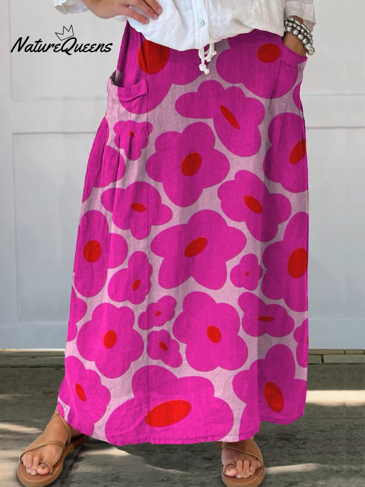 Vibrant Pink Floral Pattern Printed Women's Linen Pocket Skirt