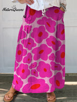 Vibrant Pink Floral Pattern Printed Women's Linen Pocket Skirt