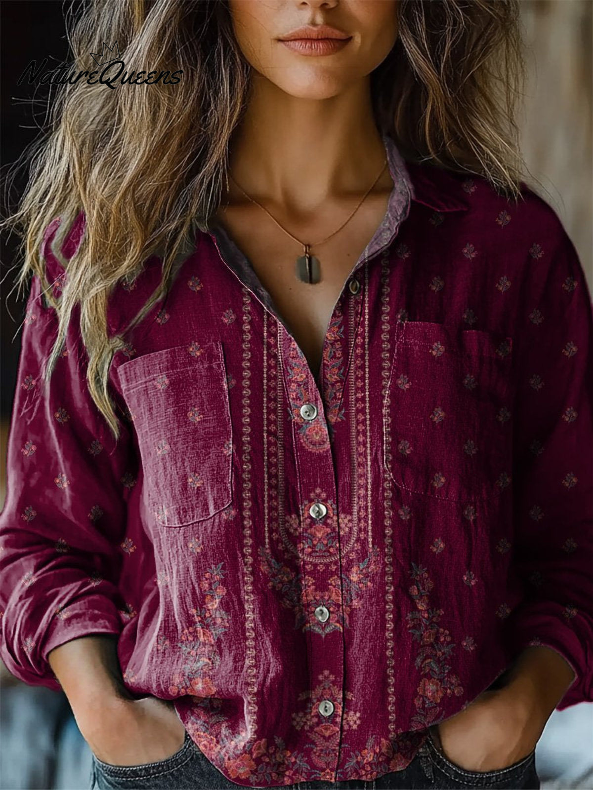 Simple Ethnic Floral Pattern Printed Women's Casual Long Sleeve Comfortable Cotton Shirt