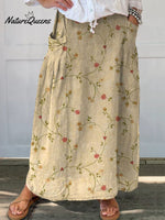 Women’s Retro Floral Art Linen Elastic Waistband Pocket Skirt / S