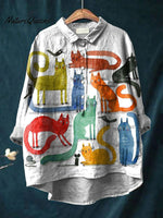 Vintage Cute Cats Art Print Casual Cotton And Linen Shirt