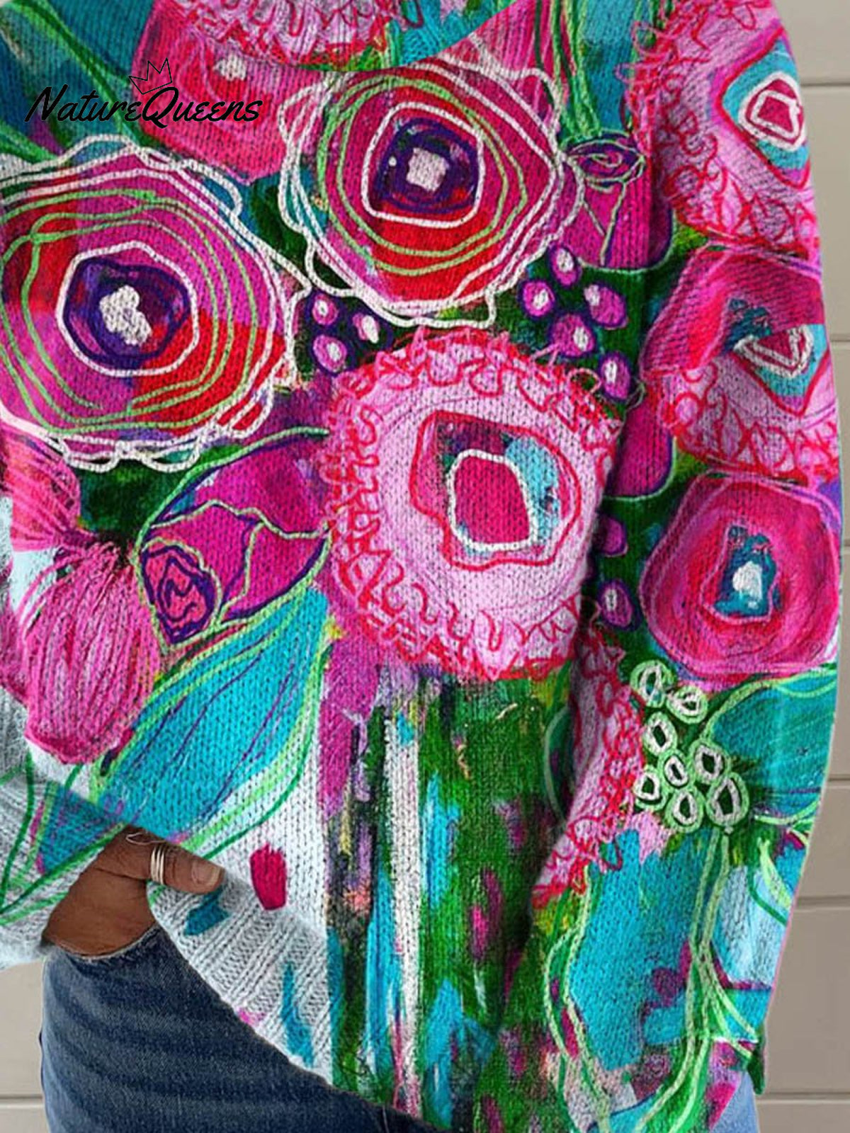 Lovely Floral Pattern Art Print Knit Turtleneck Pullover Sweater