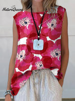 Summer Red Poppy Pattern Printed Women's CasualCotton And Linen Tank Top