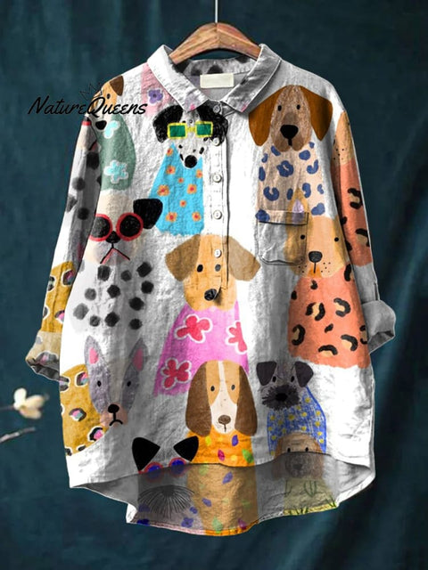 Women's Colorful Fun Cartoon Puppy Print Casual Cotton And Linen Shirt