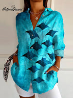 Women's Vintage Manta Rays Art Print Casual Cotton Shirt