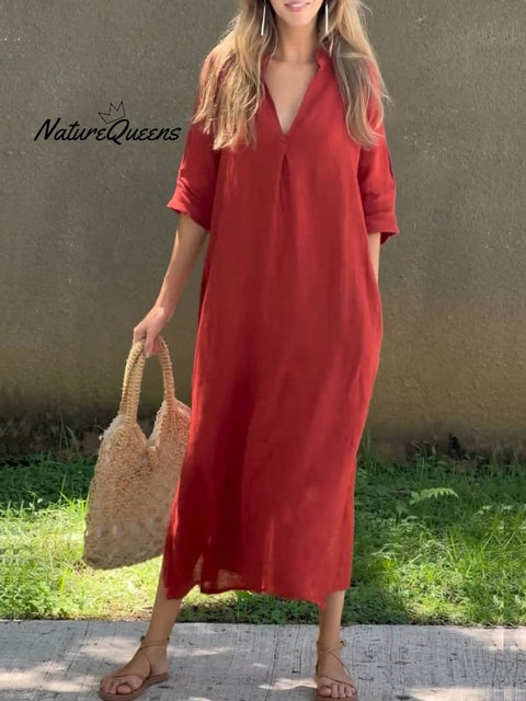 Women’s Solid Color V - Neck Linen Pocket Dress