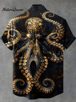 Vintage Fish Octopus Art Print Casual 100% Cotton Shirt