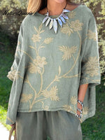 Women’s Retro Elegant Floral Art Print Casual Cotton And Linen Shirt Green / S