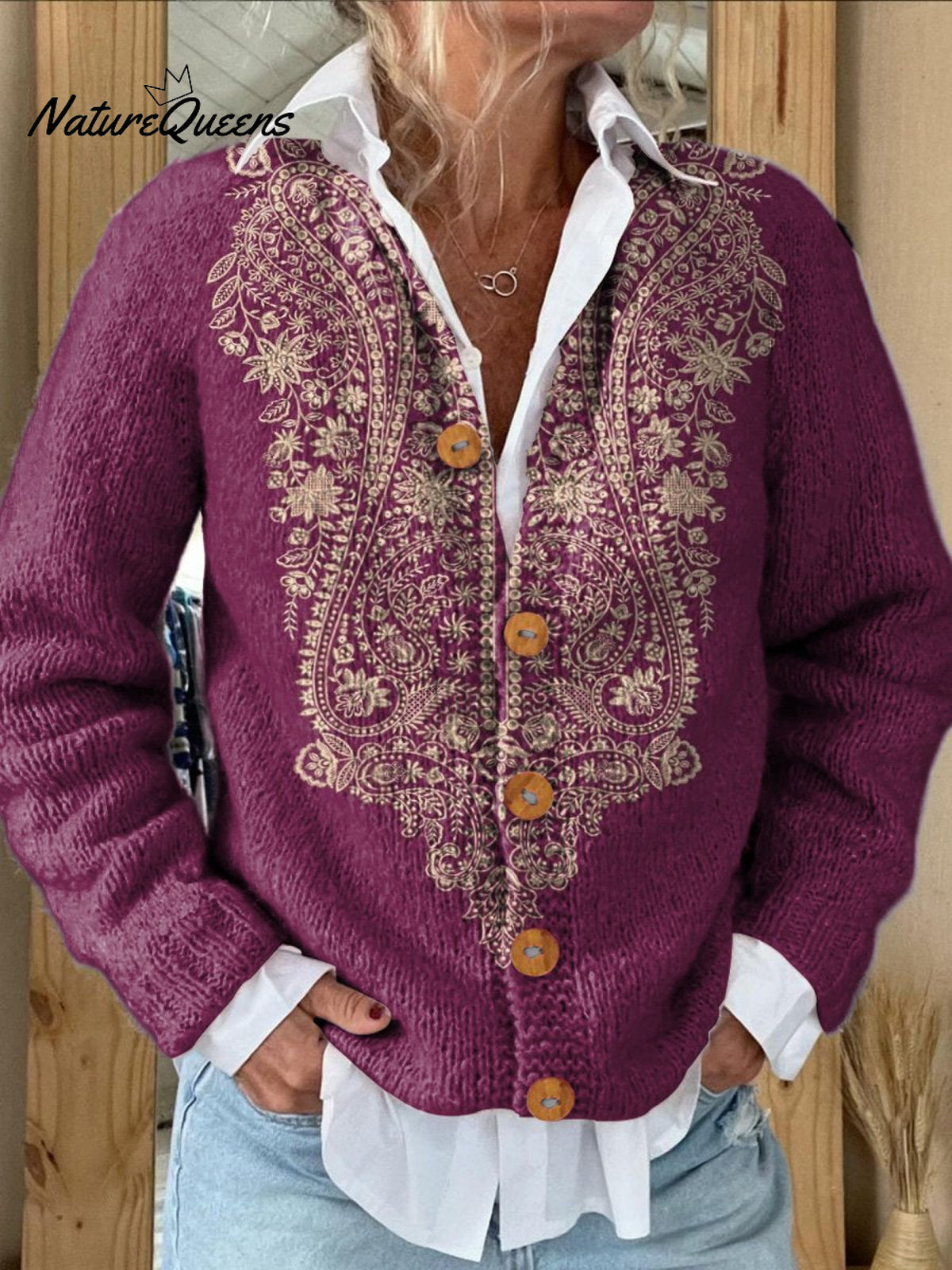 Ethnic Style Floral Pattern Printed Buttoned Cardigan Sweater