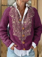 Ethnic Style Floral Pattern Printed Buttoned Cardigan Sweater