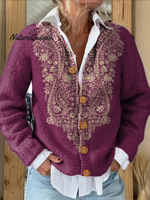 Ethnic Style Floral Pattern Printed Buttoned Cardigan Sweater