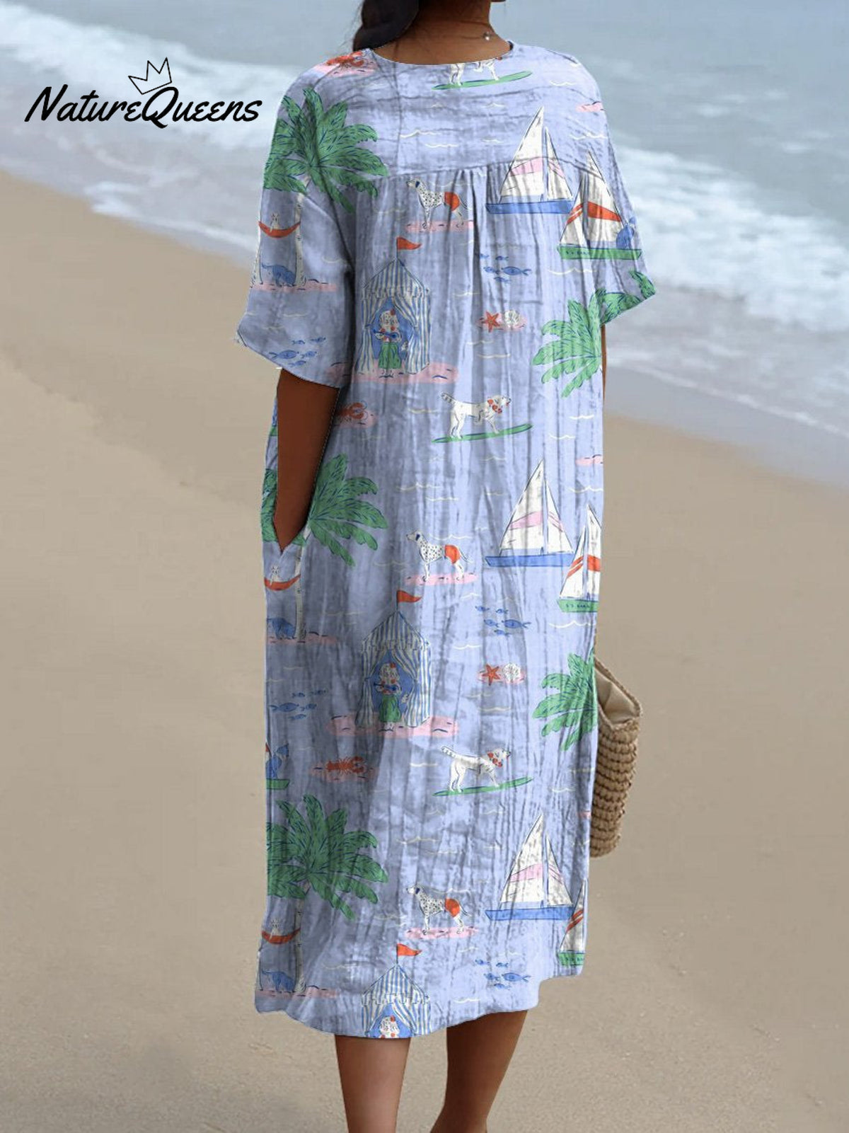 Summer Vacation And Puppy Dog Pattern Printed Women's Flowy Dress