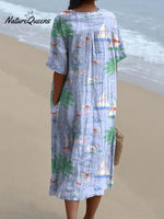 Summer Vacation And Puppy Dog Pattern Printed Women's Flowy Dress