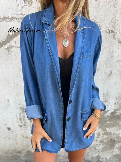 Women's Solid Color Loose Long Sleeve Denim Jacket