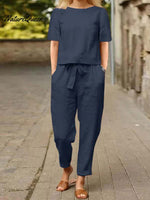 Cotton And Linen Summer Half - Sleeve Oversized Homewear Suit Blue / S