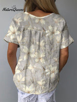 White Magnolia Blossom Repeat Pattern Printed Women’s Casual Cotton And Linen Shirt