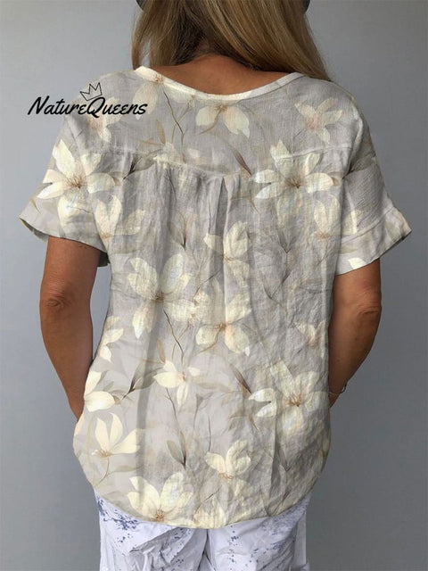 White Magnolia Blossom Repeat Pattern Printed Women’s Casual Cotton And Linen Shirt