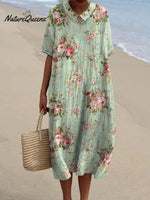 Women's Vintage Floral Art Print Pocket Linen Dress（Convertible Dress With Front And Back Option）