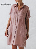 Women's Cotton And Linen Short Sleeve Irregular Pockets Shirt Dress