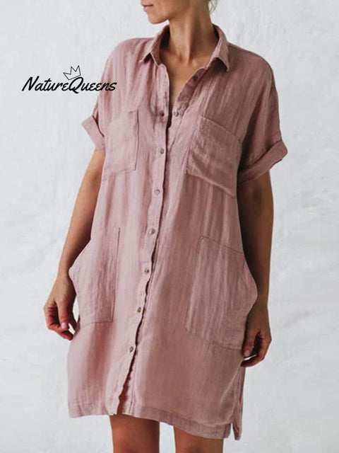 Women's Cotton And Linen Short Sleeve Irregular Pockets Shirt Dress