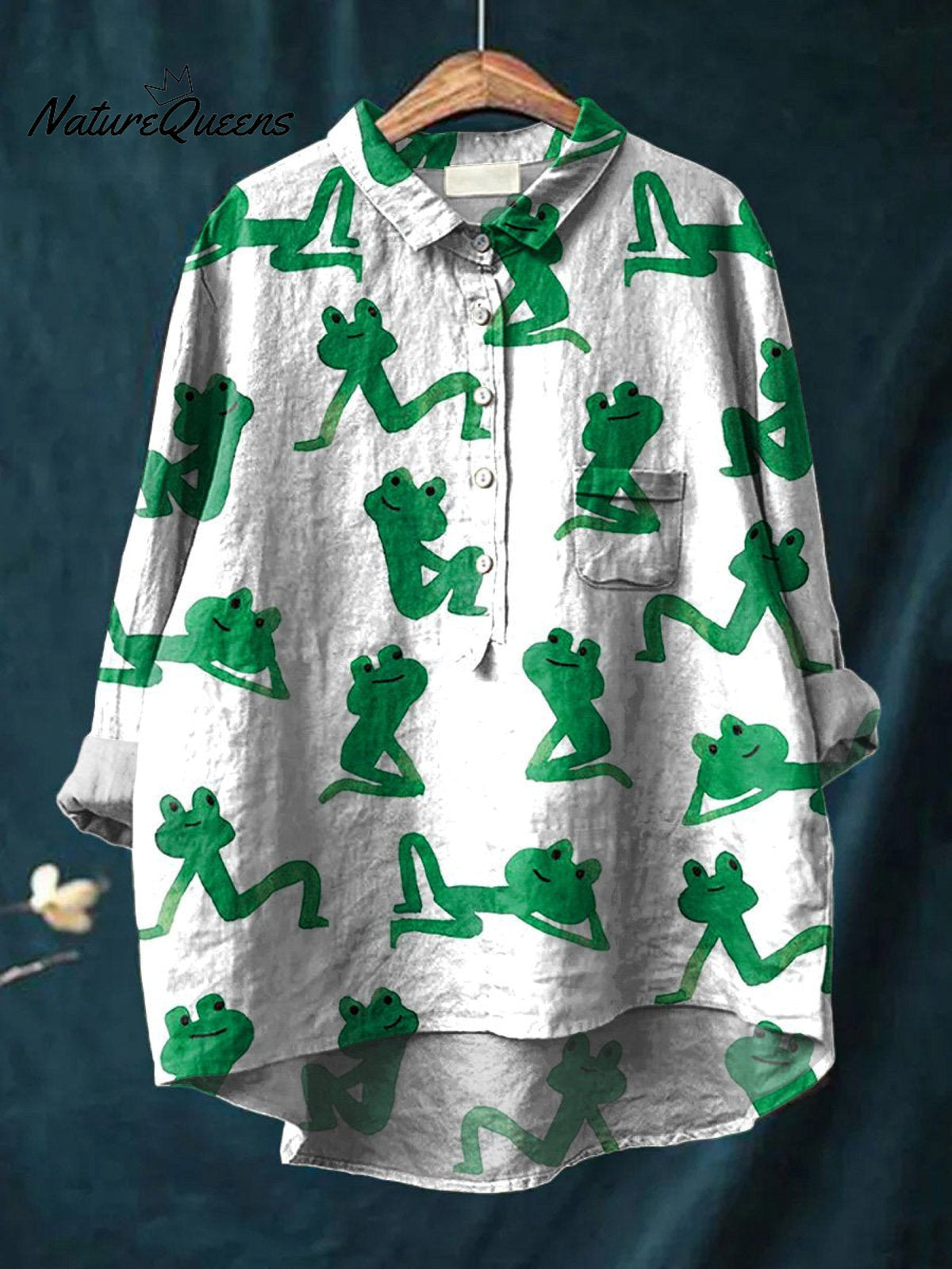 Little Green Frog Pattern Printed Women's Casual Cotton And Linen Shirt