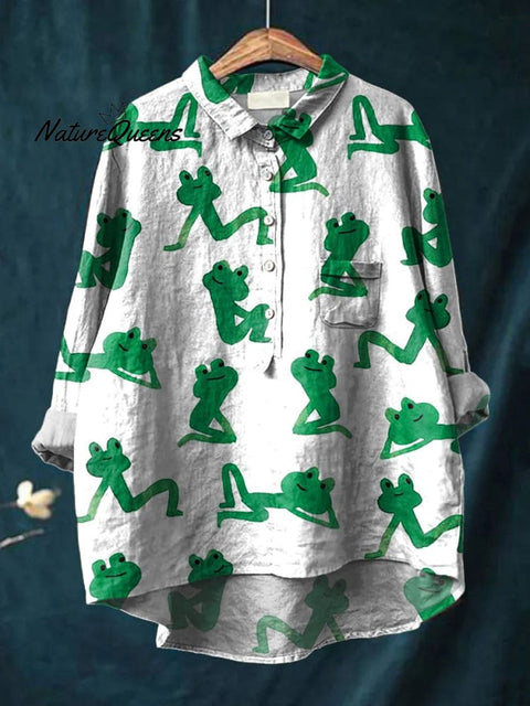 Little Green Frog Pattern Printed Women's Casual Cotton And Linen Shirt