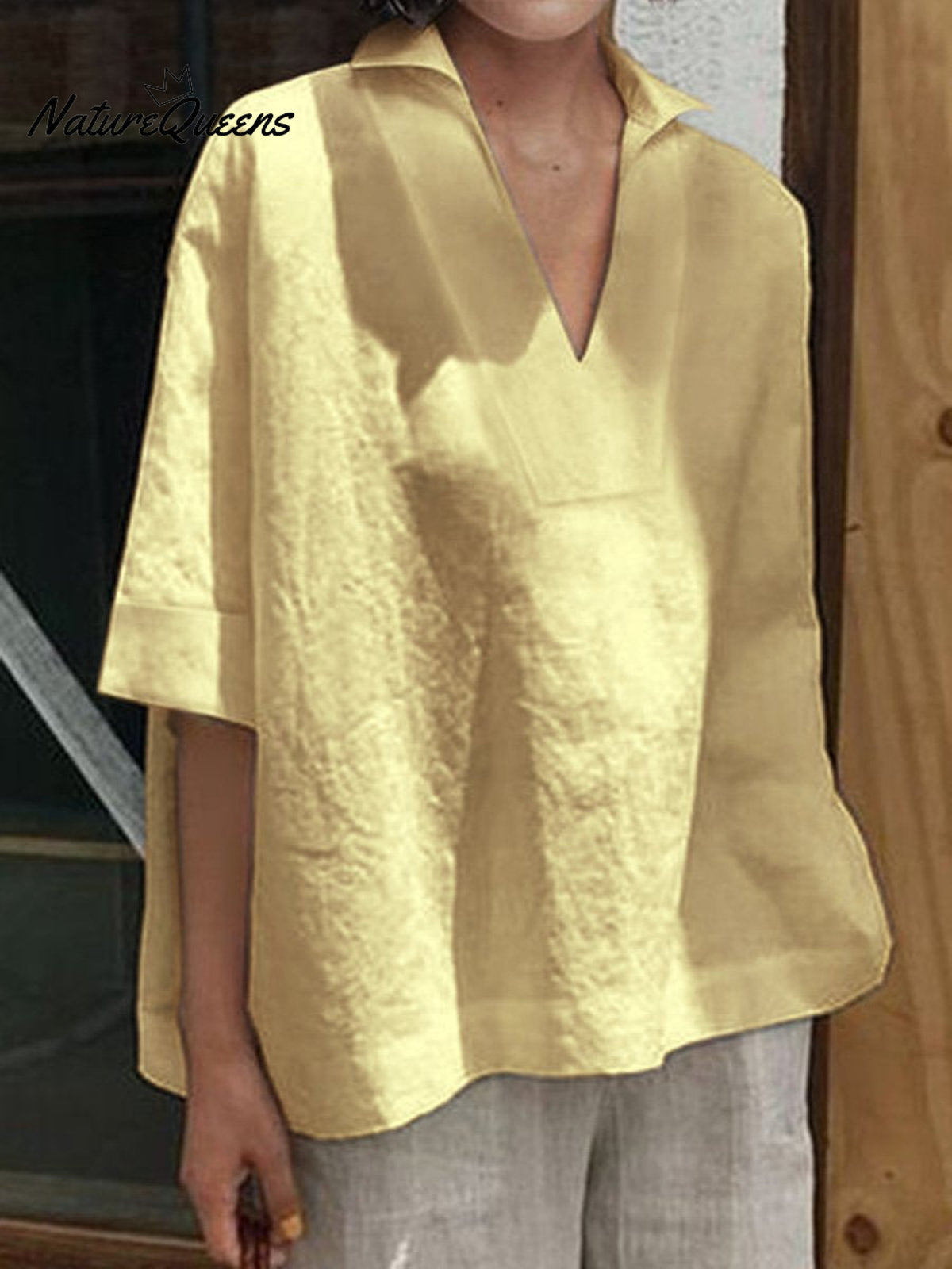 Women’s V - Neck Cotton And Linen Solid Colour Loose Mid - Sleeve Shirt Yellow / S